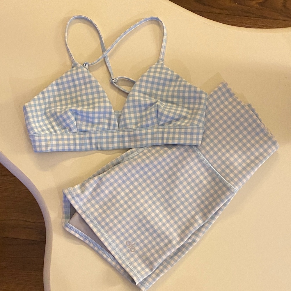 ALO Yoga Light Blue Gingham Yoga Set